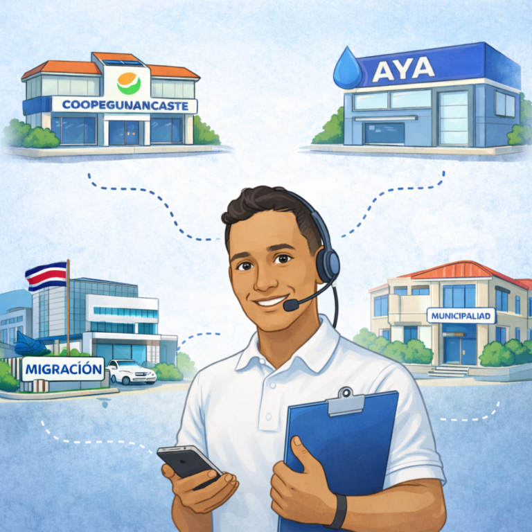 Illustration of an assistant handling paperwork with Migración, AyA, the Municipalidad and Coopeguanacaste