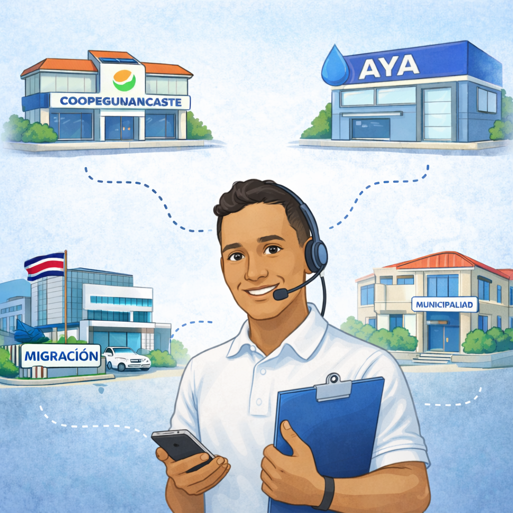 Illustration of an assistant handling paperwork with Migración, AyA, the Municipalidad and Coopeguanacaste