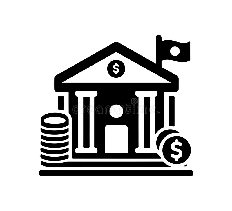 Icon of a bank building with stacks of coins
